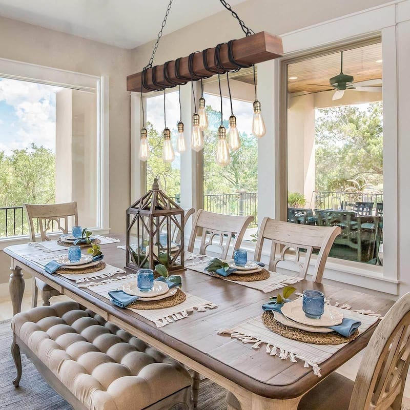 Modern Farmhouse 8-Light Wood Chandelier Linear Island Lights for Dining Room - L 37.5'' x W 5.5'' x H 59''