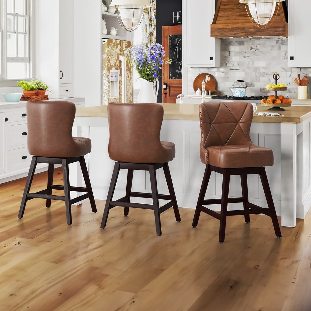 26 in. Mid-Century Modern Swivel Bar Stools Faux Leather and Linen Counter Stools with Wood Frame（Set of 3） - 20"W x 20"D x 39"H