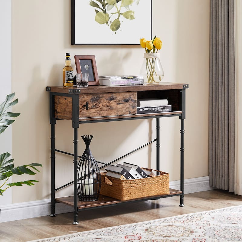 VECELO Industrial Rustic Entryway/Console Sofa Table - Brown