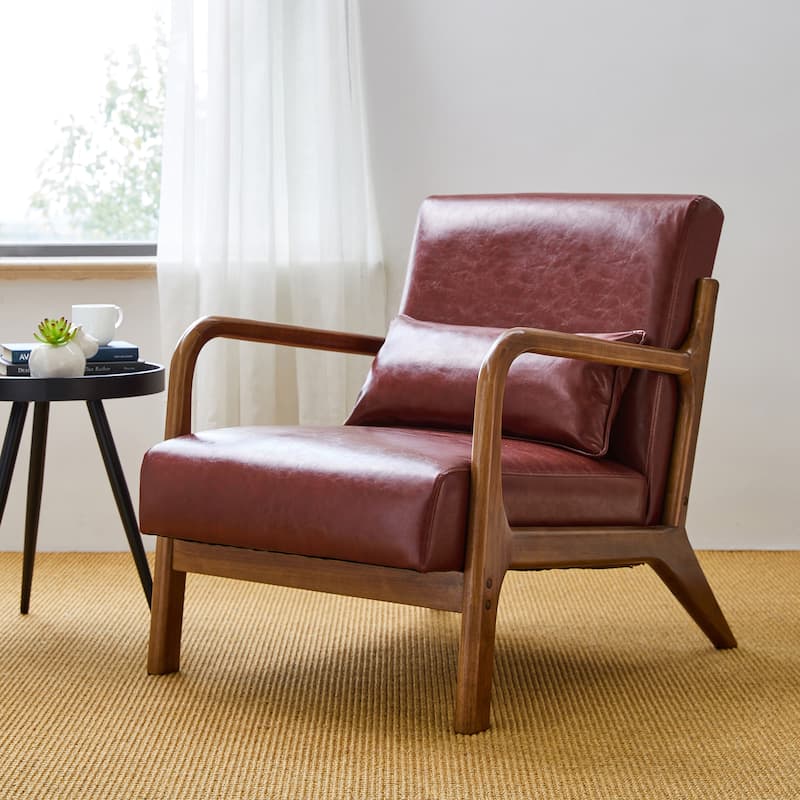 Glitzhome 30.75"H Mid-Century Modern PU Leather Accent Armchair with Rubberwood Frame - 25.75"L x 33.75"W x 30.75"H - Burgundy