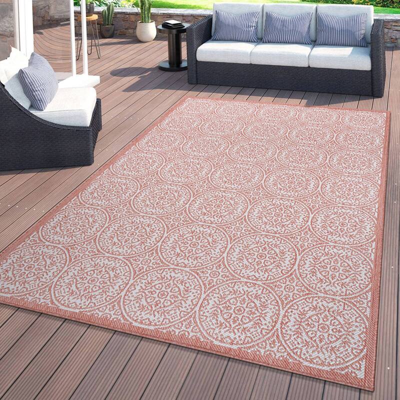 World Rug Gallery Transitional Floral Circles Textured Flat Weave Indoor/Outdoor Area Rug - 5' X 7' - Terra