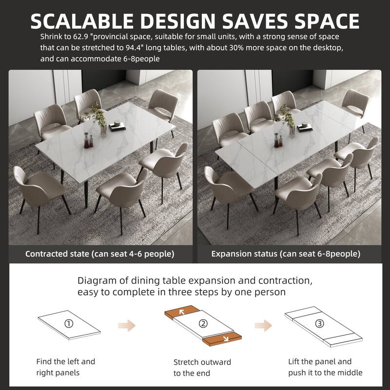 7 Piece 62.9 inch to 94.4 inch Extendable Dining Table Set with Sintered Stone Top 6 Chairs