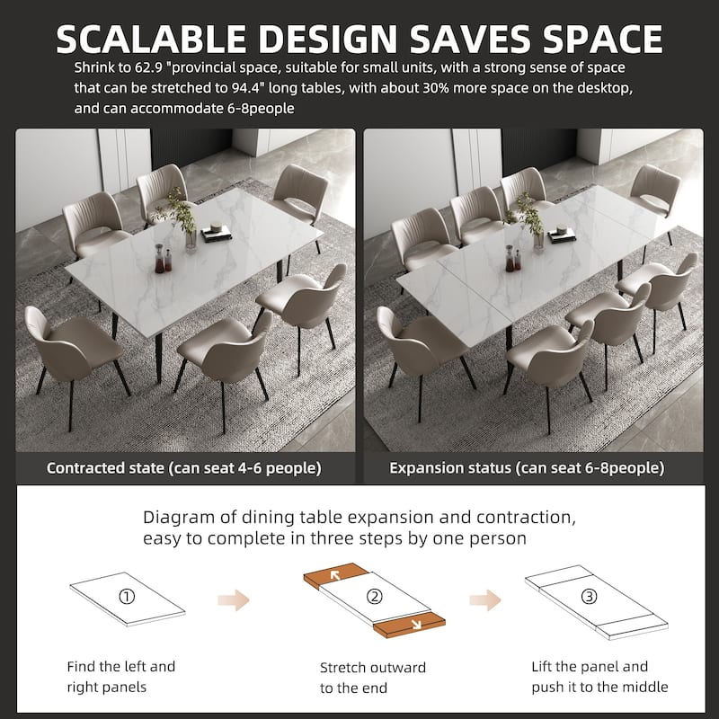 9 Piece 62.9 inch to 94.4 inch Extendable Dining Table Set with Sintered Stone Top 8 Chairs