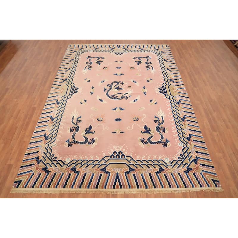 Hand Knotted Oriental 100% Wool Carpet Traditional Geometric Pink Art Deco Area Rug - 11' 1'' X 8' 0''