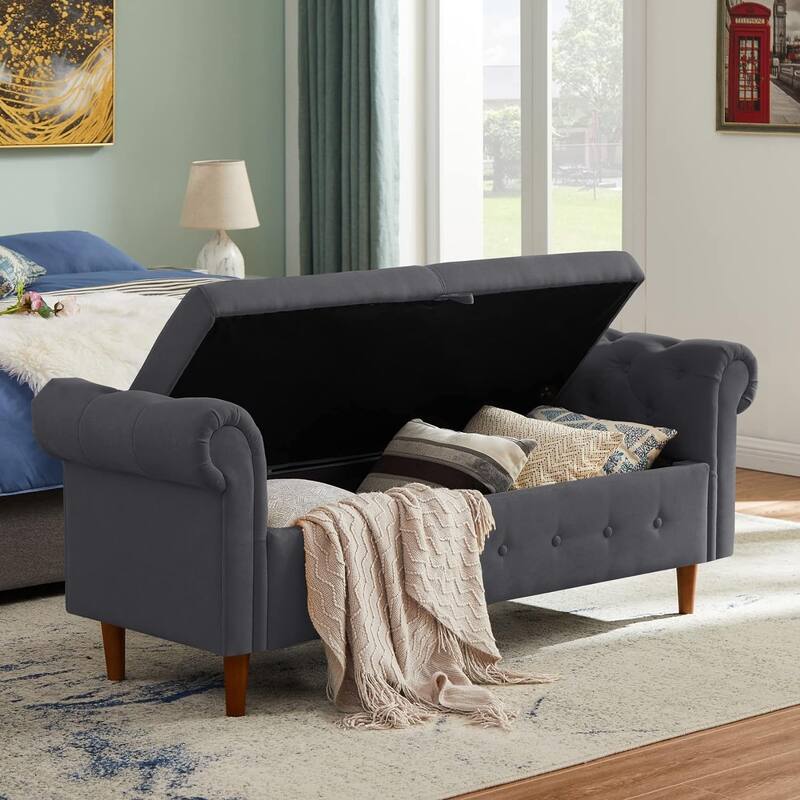 Multipurpose Rectangular Linen Sofa Stool with Large Space Saving Storage, 4 Rubber Wood Feet - 63 x 22.1 x 24.1 inch