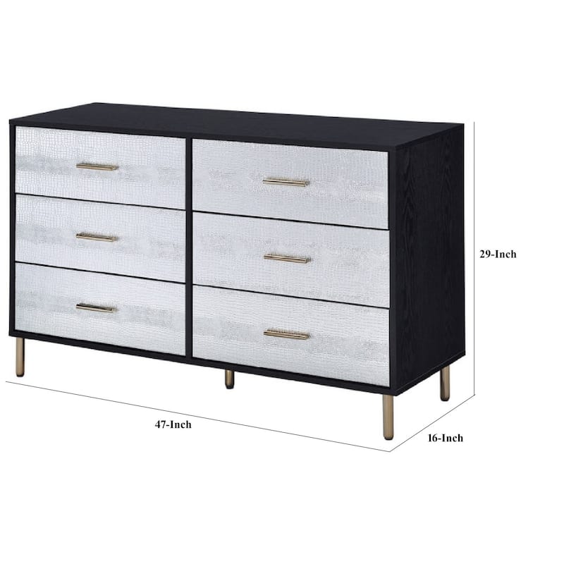 Emily 47 Inch Wood Side Dresser with 6 Drawers, Metal Bar Handles, Black