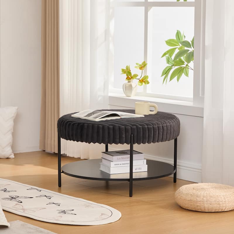 30.9"Wide Upholstered Round Ottoman Coffee Table Foot Rest with Black Metal Legs, Footstool with Wooden Open Storage Shelf