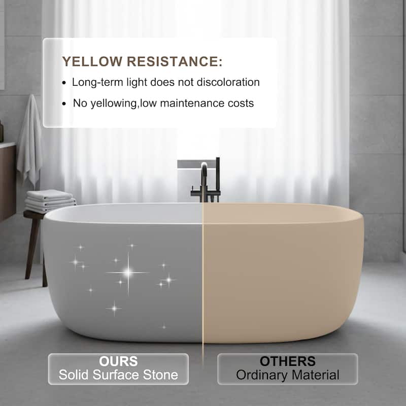 Solid Surface Freestanding Soaking Bathtub with Center Drain and Pop-up Drain, Modern Tubs with Overflow