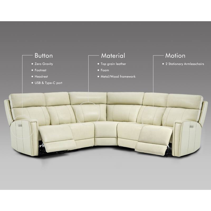 104" W 3-Color Genuine Leather Power Reclining sectional sofa With Zero Gravity, USB&USB-C Ports, 2 Stationary Armlesschairs