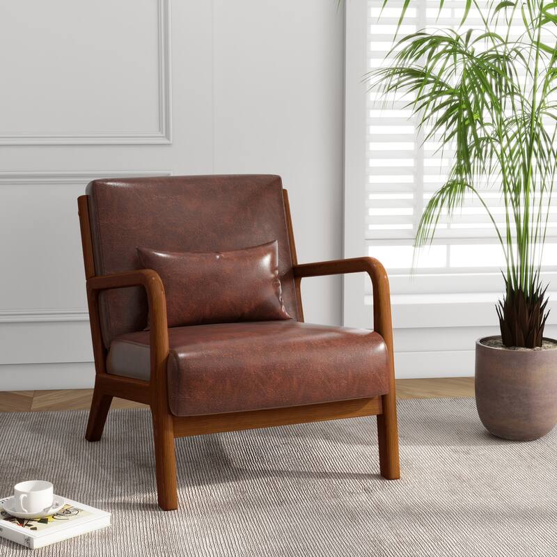 Mid Century Solid Wood Upholstered Accent Chair - COFFEE/PU/BROWN WOOD HIGH SIDE FRAME