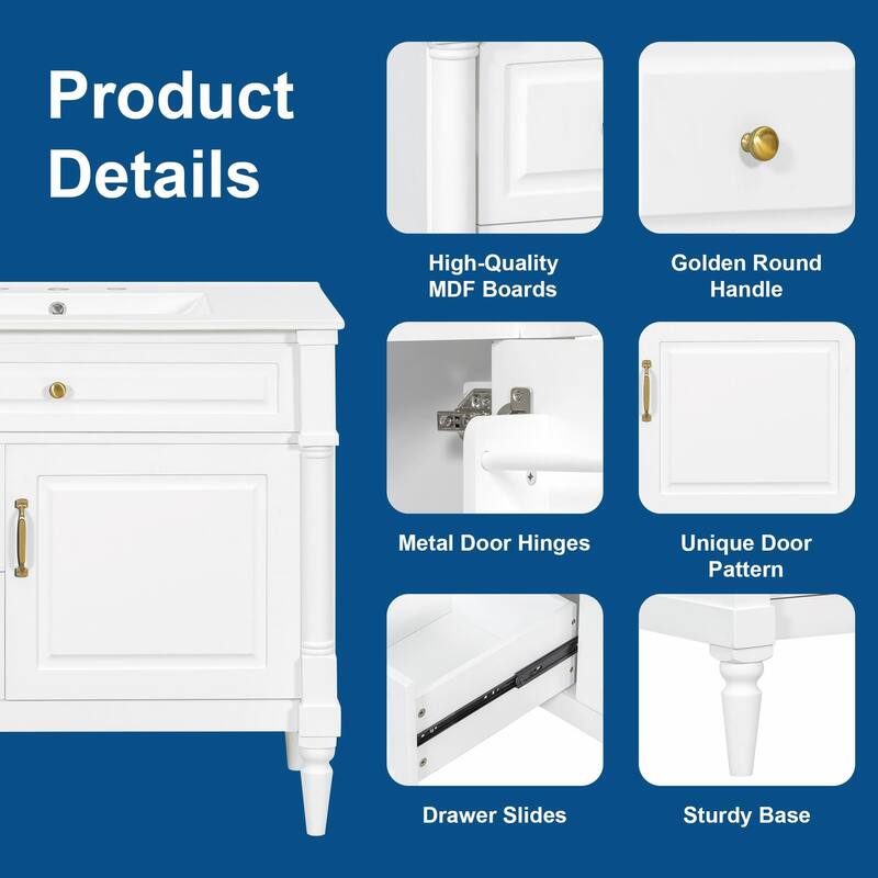 36" Bathroom Vanity with Sink, Freestanding Bathroom Cabinet with Ceramic Basin, Flip Drawer
