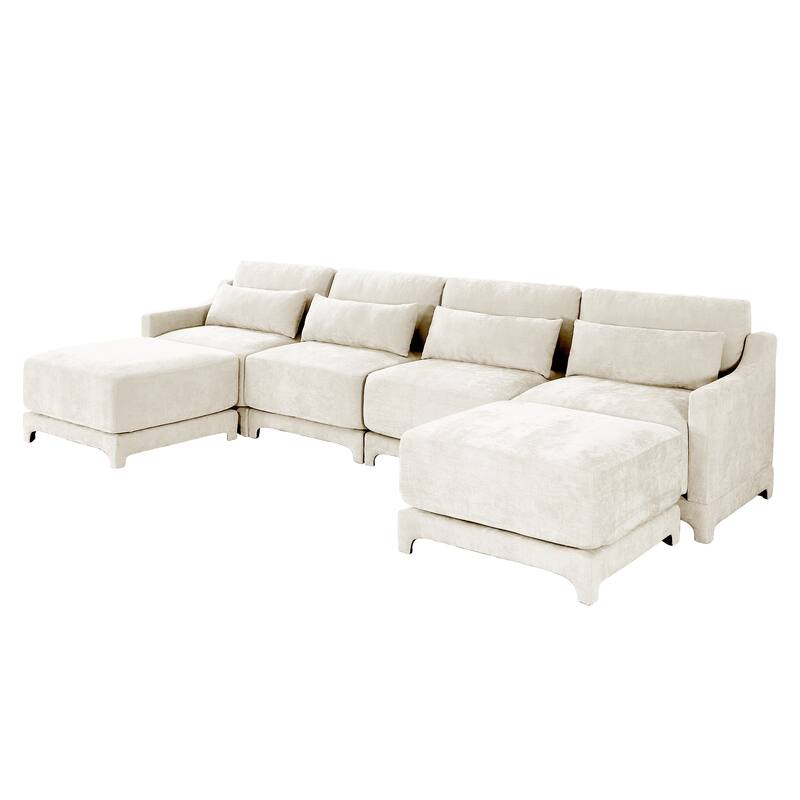 Modern Chenille 4-Seater Sofa with 2 Ottoman, Lumbar Cushions, Ergonomic Backrest, High-Resilience Spongeand Tufted Armrests