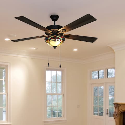 Copper Grove Thionville 5-Blade Bronze and Stained Glass Ceiling Fan - 52"L x 52"W x 20"H - 52"L x 52"W x 20"H
