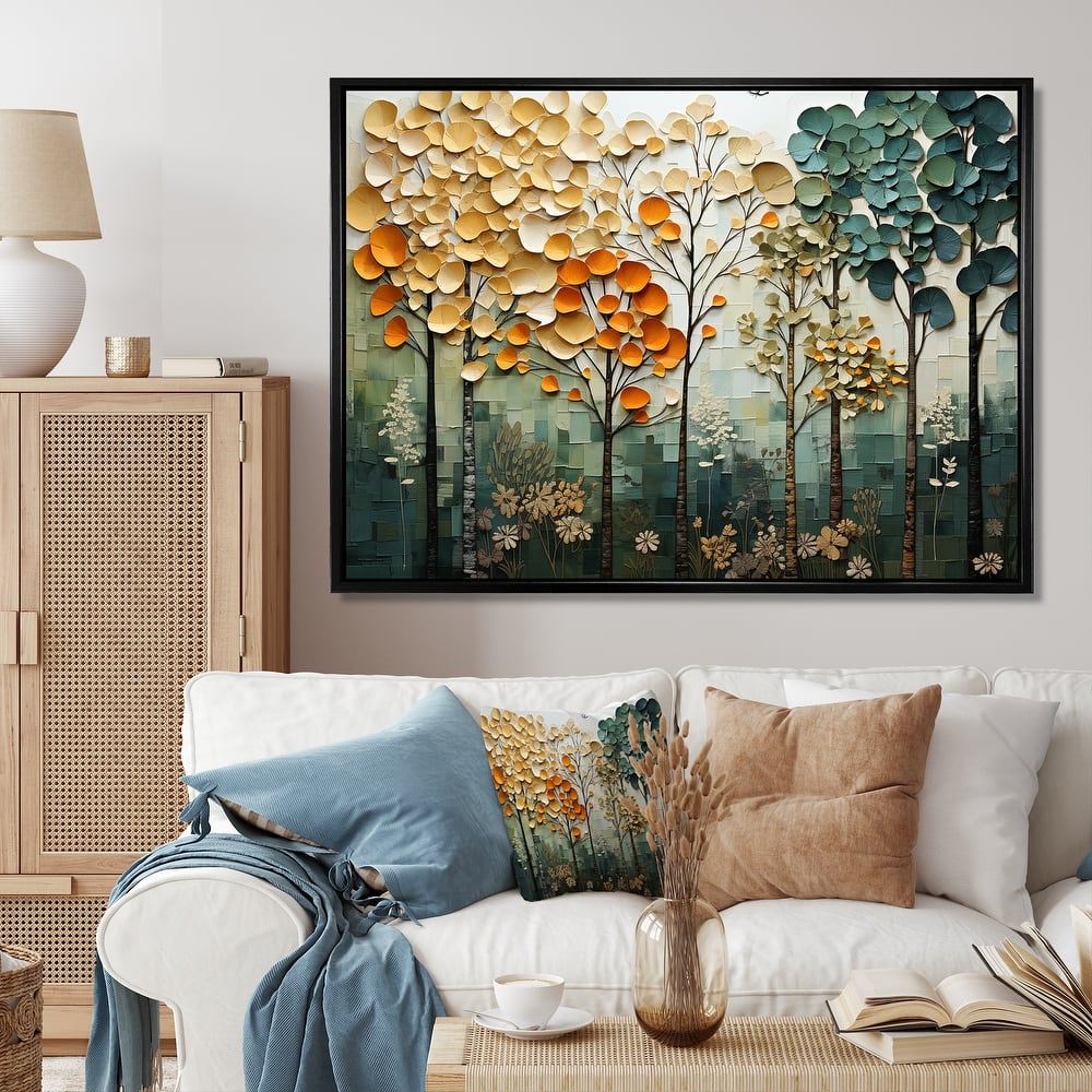 Designart "Orange Green Trees Canopy Patchwork I" Landscape Trees Framed Wall Art Living Room