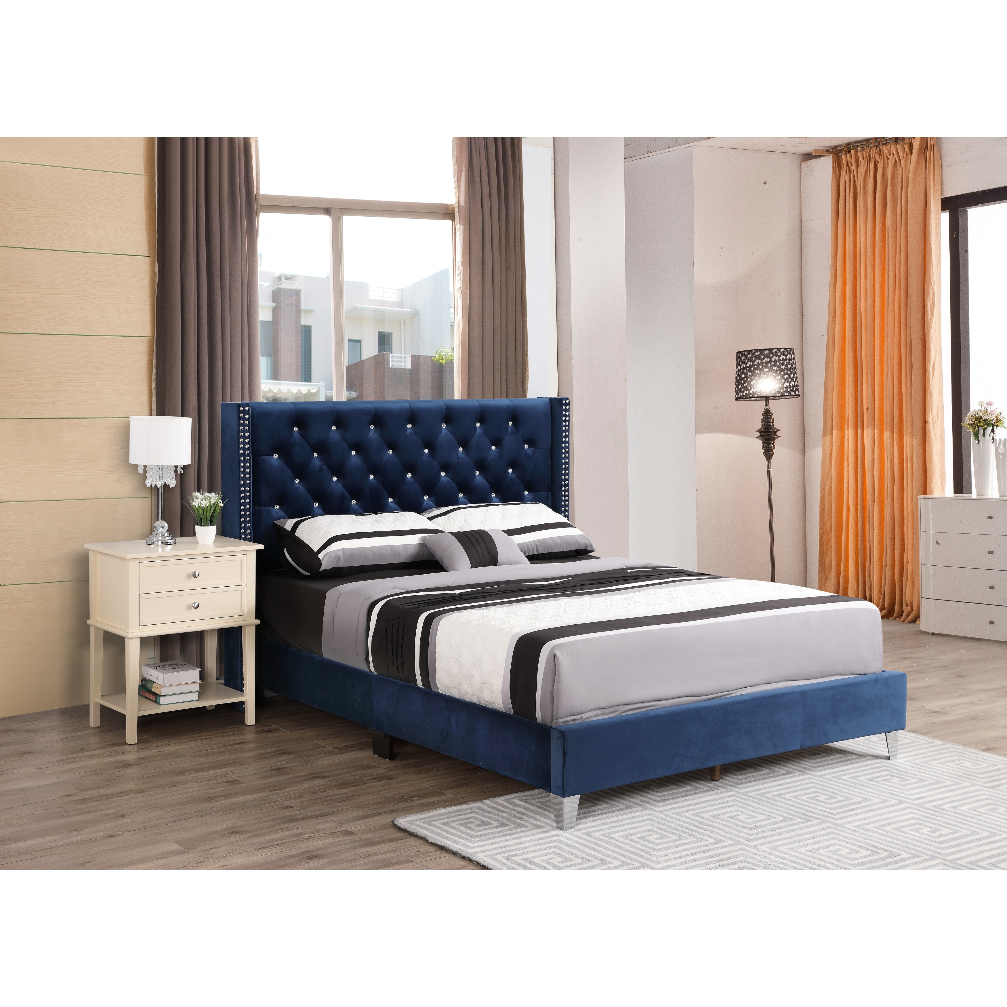 Queen Size Velvet Platform Bed with Foam-Padded Headboard and Transitional Design