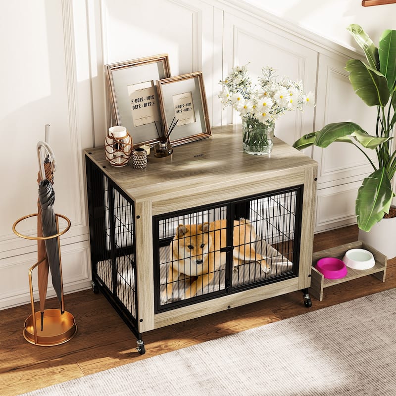 Wooden Dog Crate/Kennel with Flip-Top, Tray and 3 Lockable Doors and Wheels - 38" x 25" x 30.5" (L x W x H)