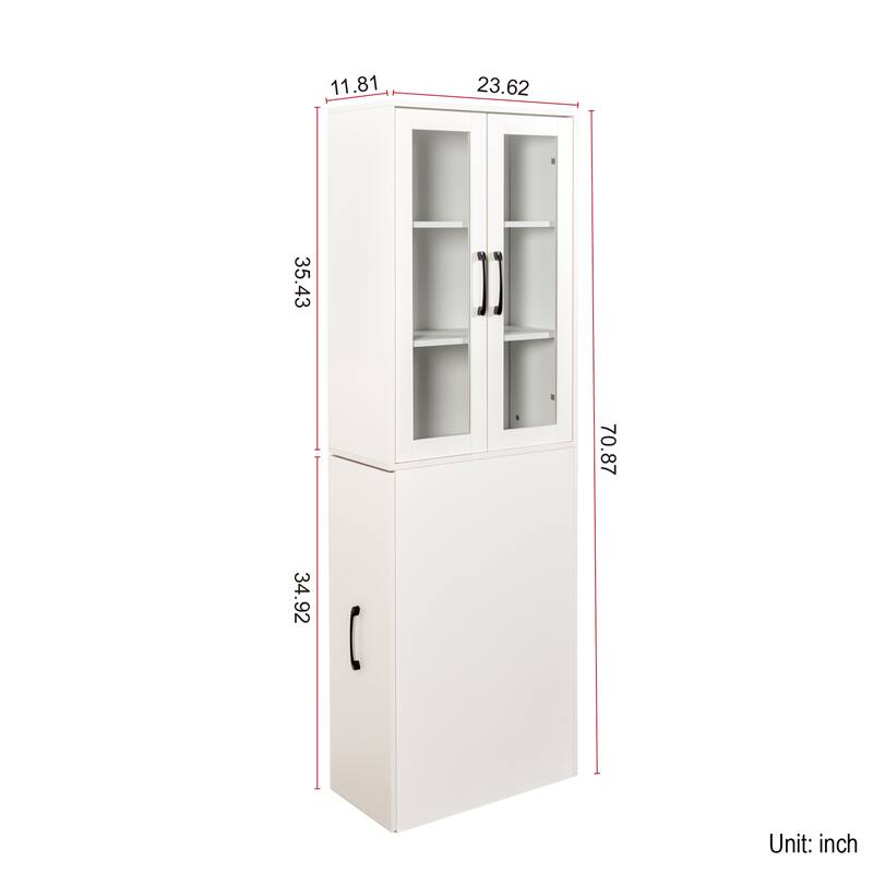 70.87 inch H Display Storage Cabinet 4 Tier Pull out Shelf 2 Glass Doors Modern Wooden Tall Bookshelf Living Room