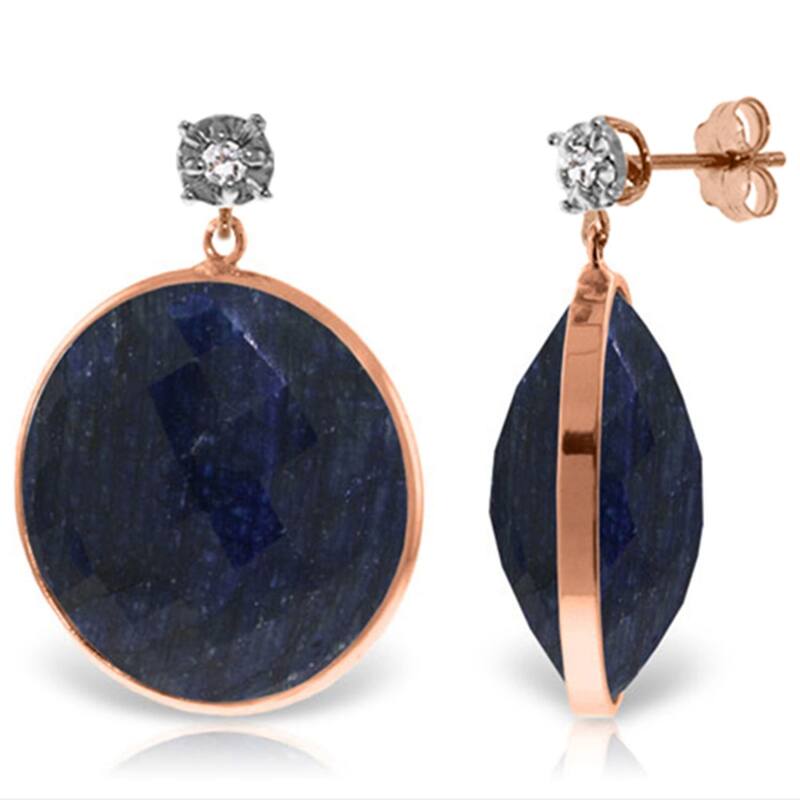 14K Solid Gold Diamonds Stud Earrings w/ Dangling Round Cut Sapphires - Rose