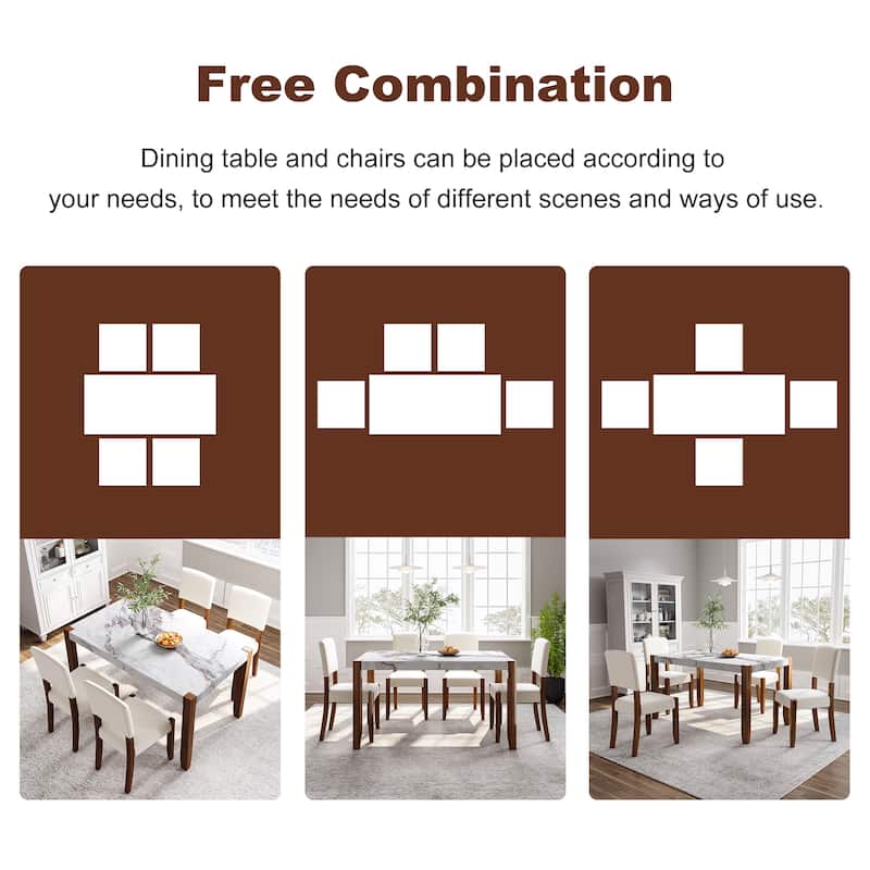 5 Piece Dining Table Set for 4, 46" Faux Marble Table with 4 Upholstered Chairs