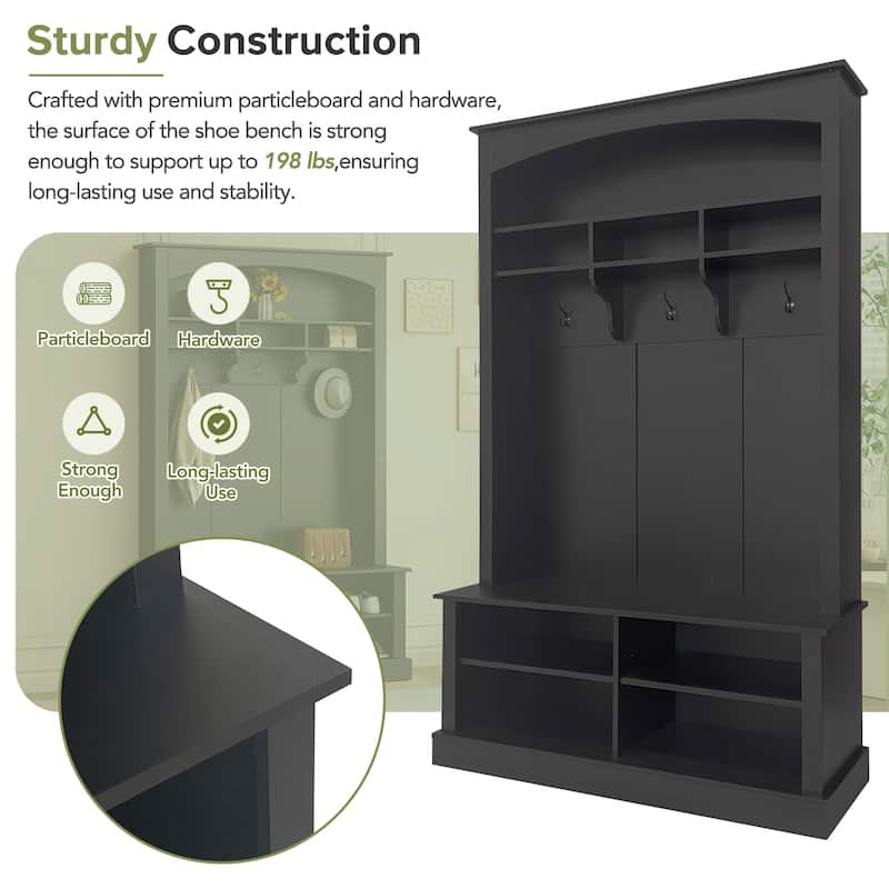 Rectangular Mudroom Hall Tree Storage Bench with Shoe Storage, Stylish Coat Rack Bench with Open Shelves for Entryway