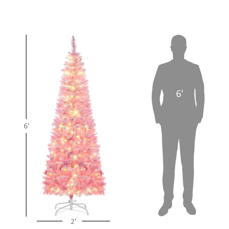 Prelit Snow Flocked 6ft Pencil Tree with 200 Warm White LED Lights and Easy Setup, Xmas Tree for Home Holiday Decor