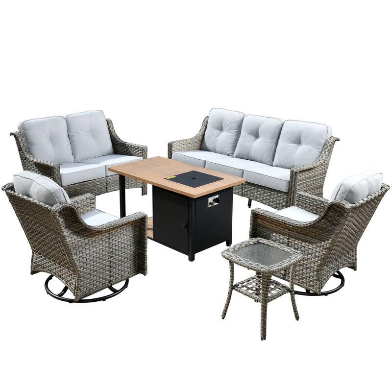 XIZZI 6-piece Outdoor High-back Furniture Swivel Chair Set with Fire Pit