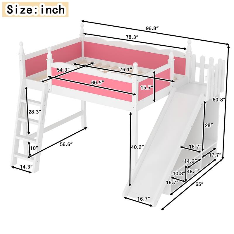 Full Loft Bed with Storage Shelves and Wardrobe, Solid Wood Loft Beds with Detachable Slide and Ladders, No Spring Box Needed