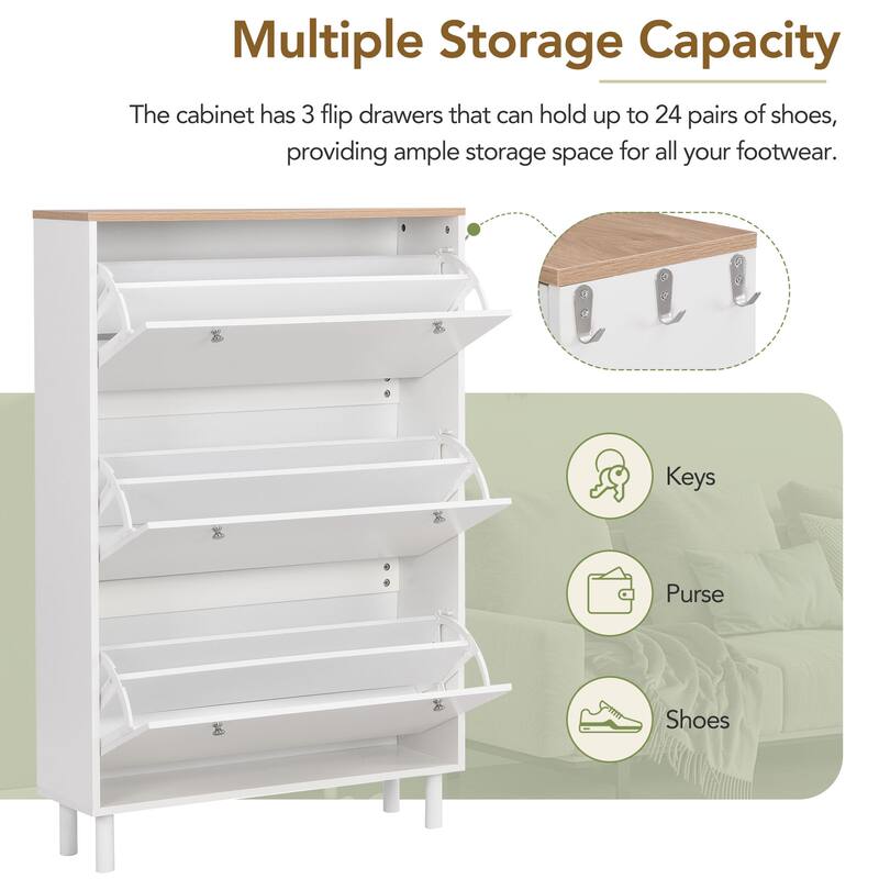 Freestanding Shoe Rack Cabinet with 3 Flip Drawers, Adjustable Shelves and Wood Grain Top for Entryway Hallway Organization