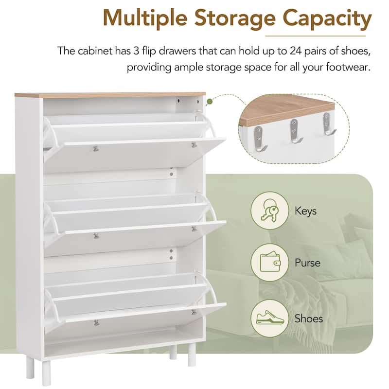 Narrow Design Shoe Cabinet With 3 Flip Drawers