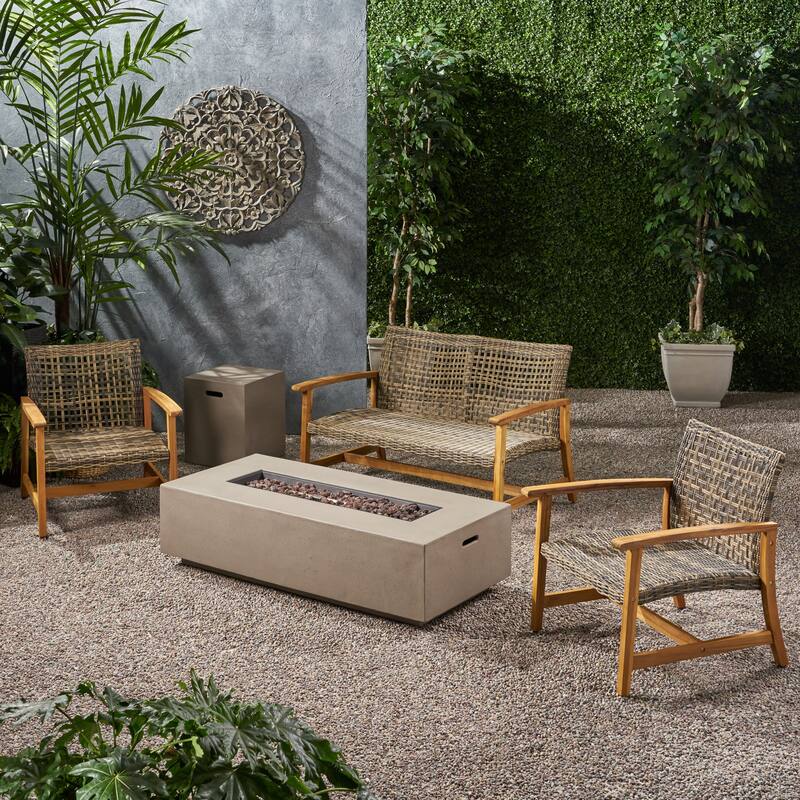 Augusta Outdoor Acacia Wood and Wicker 4 Seater Chat Set with Fire Pit by Christopher Knight Home