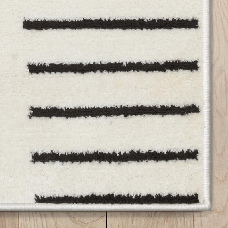 Well Woven Feliz Boho Ivory Black Stripes High-Low Shag Area Rug