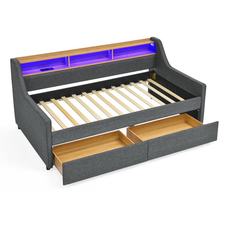 Roomfitters Twin Upholstered Sofa Bed with Adjustable Storage Headboard, Backlit Shelf and Underbed Storage Trundle