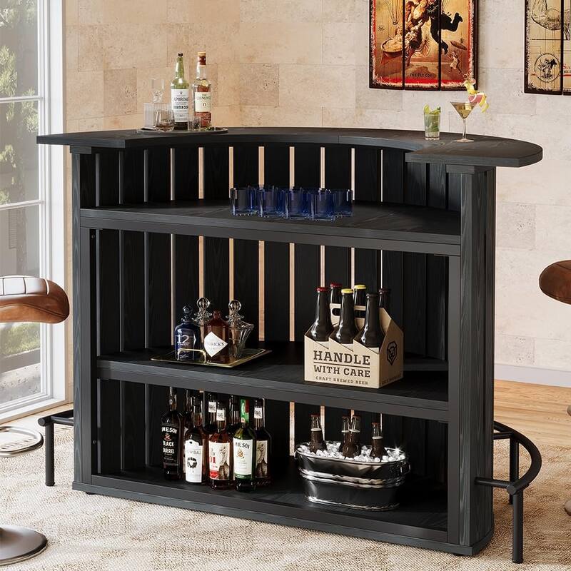 39.4” H Brown Engineered Wood Bar Table with Footrest, 4-Tier Arc-Shaped Home Bar Unit