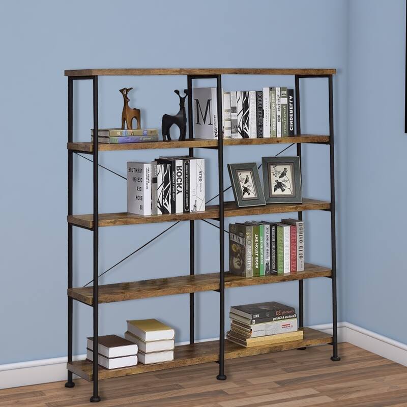 Olga 63 Inch Industrial 4 Tier Shelf Bookshelf, Particleboard, Metal Frame, Brown, Black