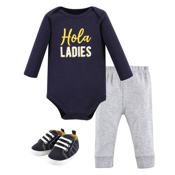 slide 1 of 1, Hudson Baby Infant Boy Cotton Bodysuit, Pant and Shoe Set, Hola Ladies Long Sleeve 0-3 Months - Hola Ladies Long Sleeve