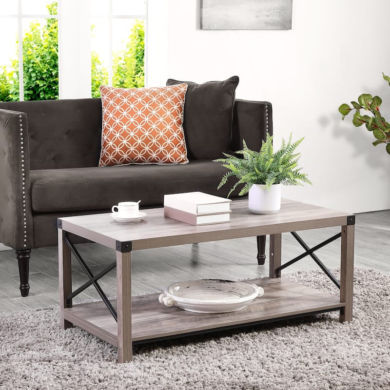 Ledel 39-in Rustic Wood Coffee Table with Storage Shelf