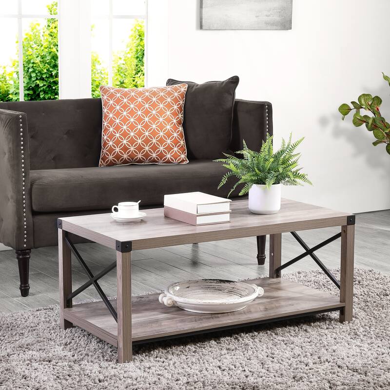 Ledel 39-inch Rustic Wood Coffee Table with Storage Shelf - Grey