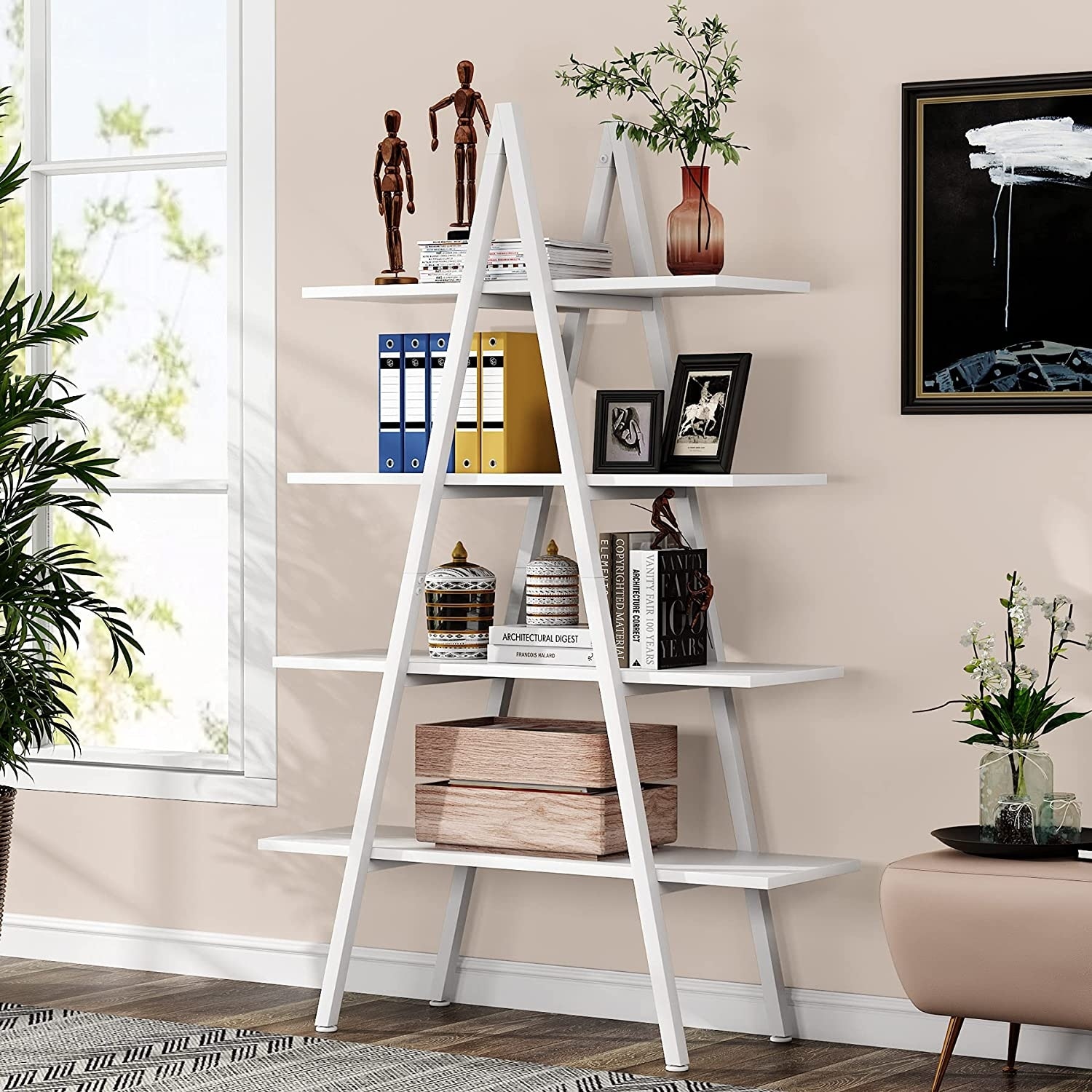 Durable A-frame Ladder Bookshelf with 4-Tier Saving Space Indoor Home Decor 