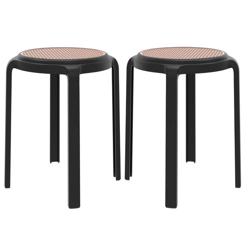 Tresse All-Weather Round Stackable Dining Stool with Wicker-Style Seat for Indoor, Outdoor, Patio, and Kitchen Set of 2 - Black