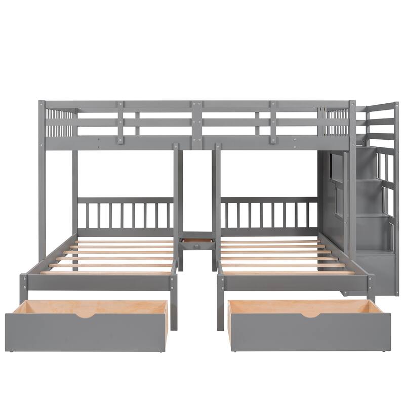 Full Over Twin & Twin Bunk Bed with Built-in Table, Convertible Staircase and 5 Storage Drawers, Multifunctional Triple Bunk Bed