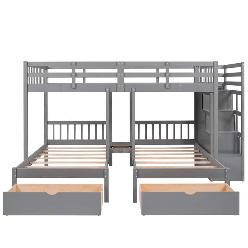 Roomfitters Full Over Twin & Twin Wood Triple Bunk Bed with Drawers and Guardrails
