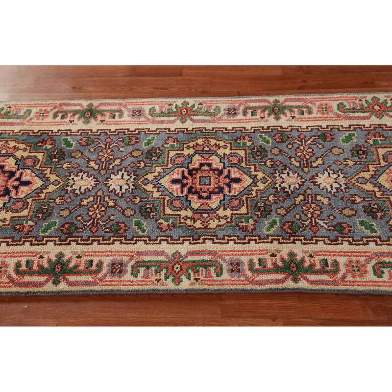 Hand Knotted Oriental 100% Wool Carpet Traditional Geometric Navy Blue & Blues Heriz (serapi) Runner Rug - 8' 1'' X 2' 6''