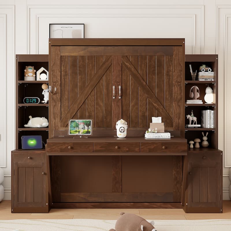 Queen Size Murphy Bed Heavy-Duty Murphy Bed Cabinet Bed with Desk Drawers open shelving Units Power Outlet and Side Cabinets - Dark Brown - Queen