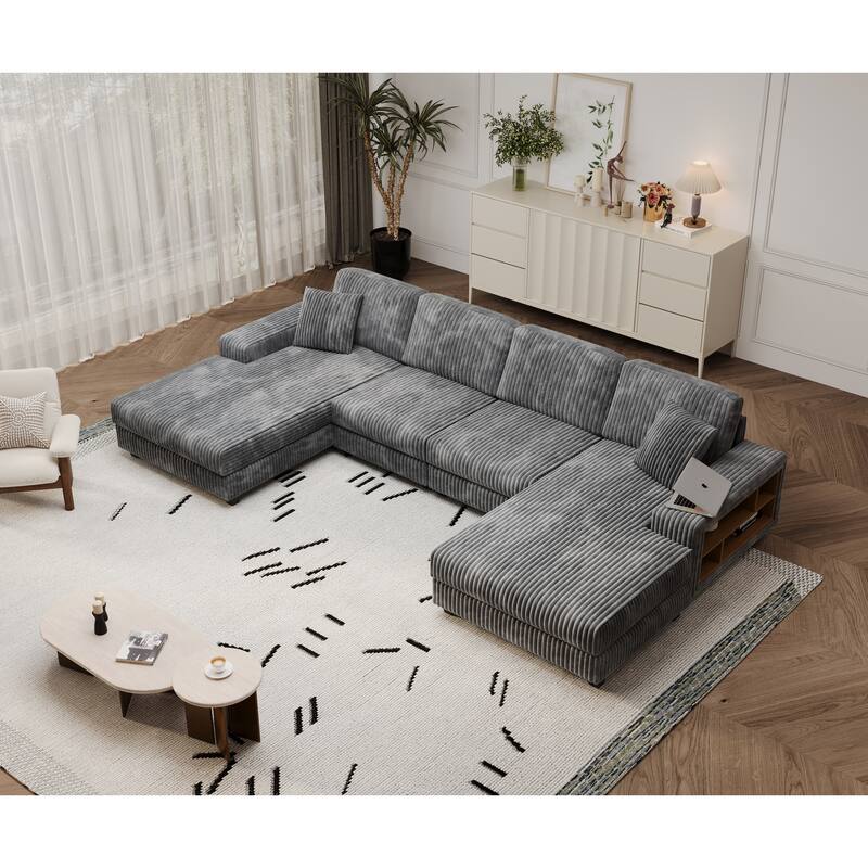 139.76" Corduroy U-Shaped Sectional Sofa with Storage Arms & Pocket Spring Cushions