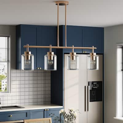 Farmhouse Gold Multi-Bulb Kitchen Island Chandelier with Stripe Clear Glass Shades