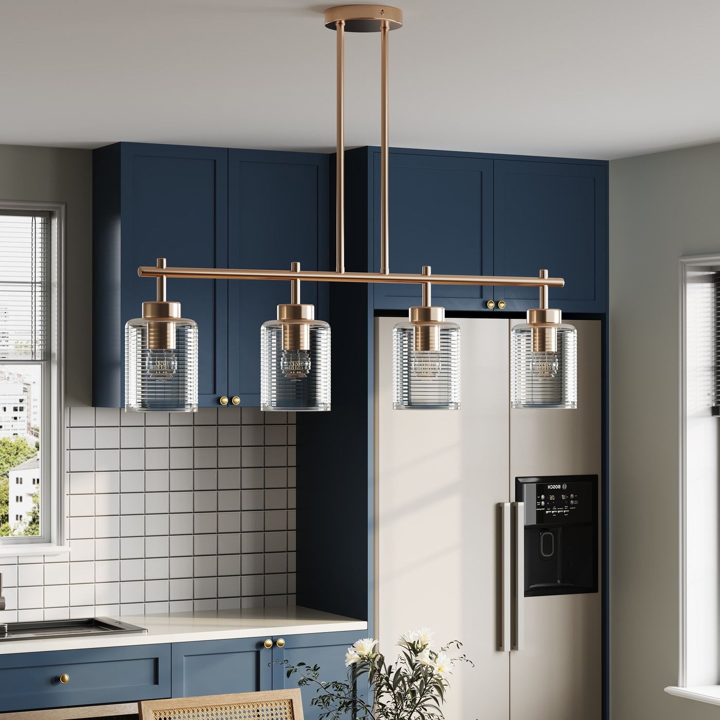 Farmhouse Gold Multi-Bulb Kitchen Island Chandelier with Stripe Clear Glass Shades