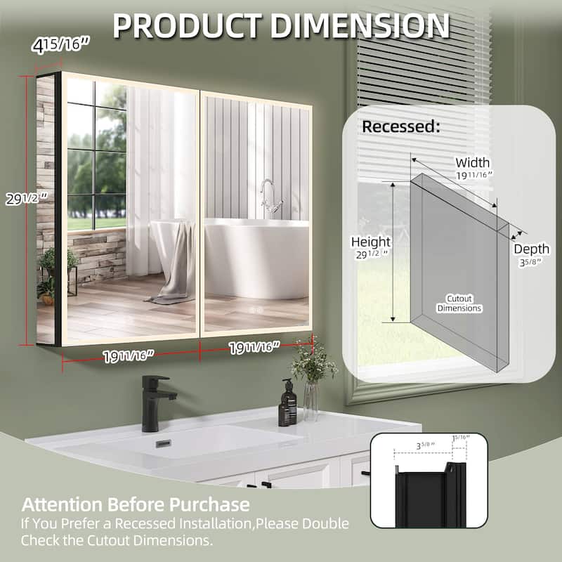 40'' W 30'' H Recessed Frameless Medicine Cabinet Mirror 6 Adjustable