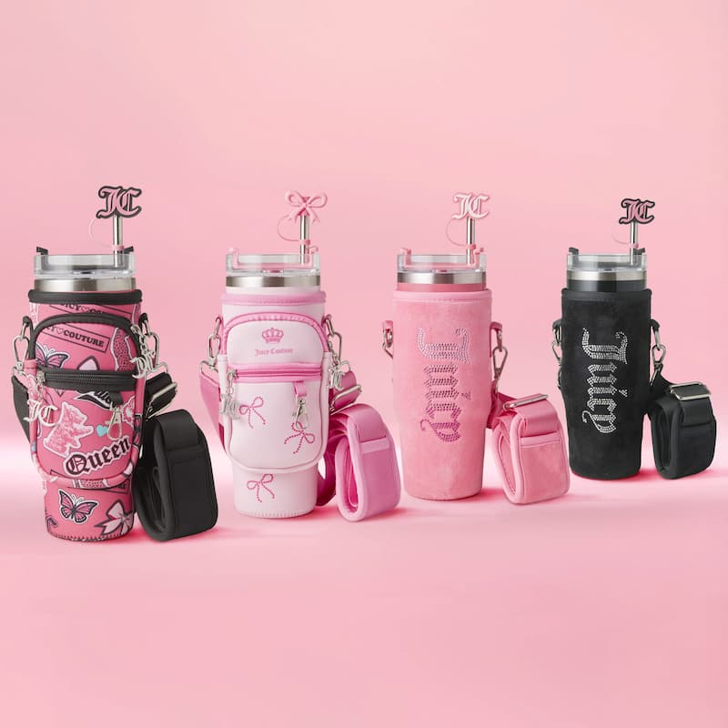 Juicy Couture Jetsetter Hydration Stainless Steel Tumbler with Handle, Straw & Topper with Velour Crossbody Pouch