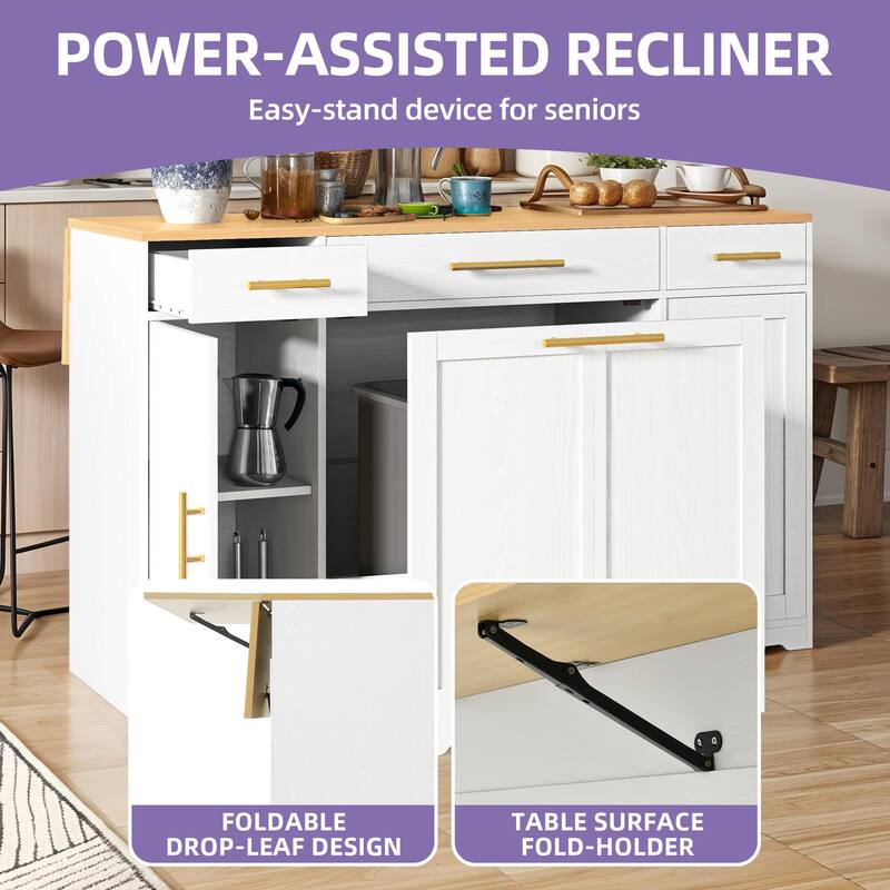 Moasis 55 inch Rolling Kitchen Island with Drop Leaf and Pull Out Garbage Bin Cabinet fits