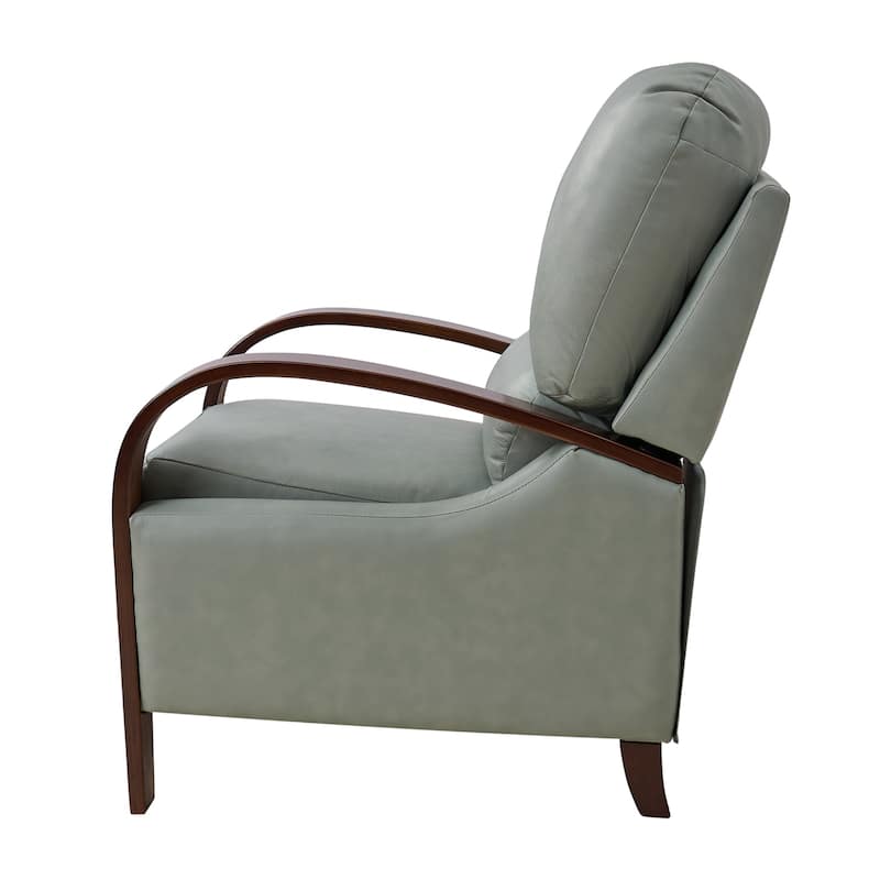 Alex Mid-century Modern Genuine Leather Manual Recliner with Wooden Curved Arms